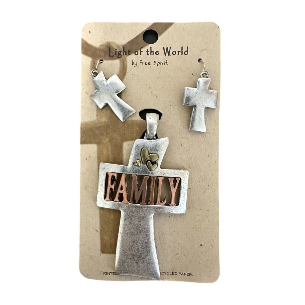 Light of the World by Free Spirit Mixed Metals Cross Pendant “Family” w/Earrings
